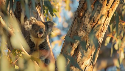 A relaxed koala comfortably lounging in the branches of a tall eucalyptus tree in australia