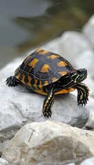 Tortoise slowly traversing a rocky trail, showcasing its determination and resilience