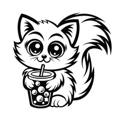 Cute cartoon cat joyfully sips on bubble tea through a straw in outline style
