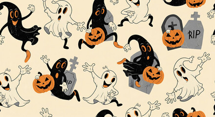 Playful Halloween ghosts with jack-o'-lanterns and tombstones creating a fun, festive seamless pattern, perfect for spooky seasonal designs