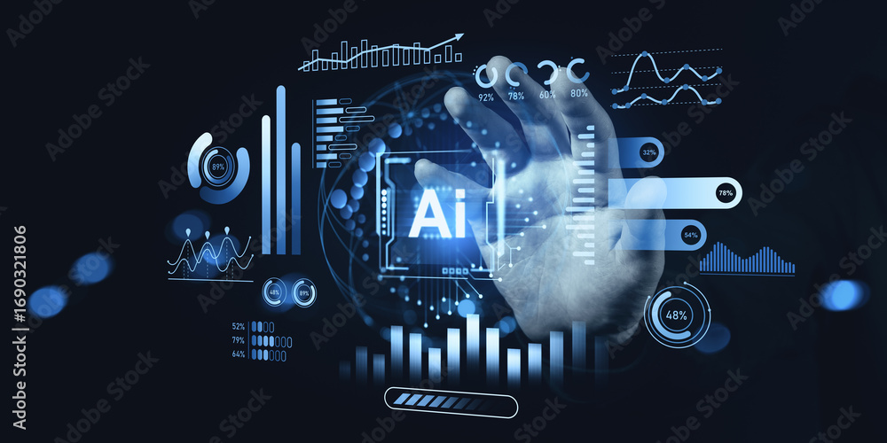 Poster futuristic concept of artificial intelligence with holographic data interface and human hand interac