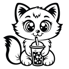 Cute outlined kitty is drinking bubble tea with a straw in a black outline