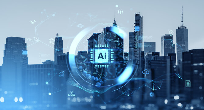 Futuristic AI technology hologram concept over modern city skyline with digital brain and microchip interface elements in blue tone. - Powered by Adobe