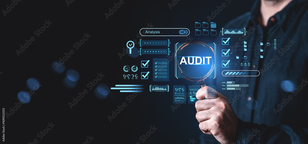 Poster business audit analysis interface with data icons and magnifying glass concept..