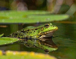 Obraz premium Realistic Green Frog Floating in Calm Pond Water.jpg