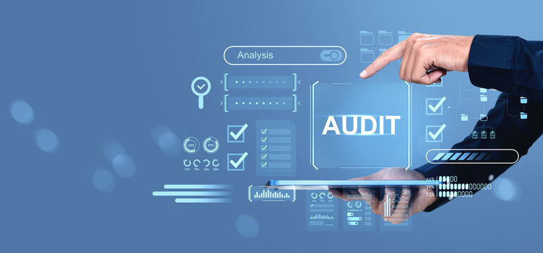 Business audit process with digital analysis and checklist icons on blue background. - Powered by Adobe