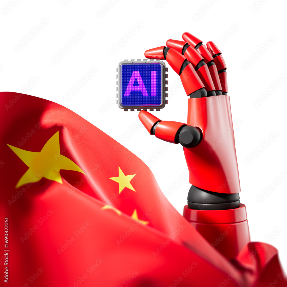 Poster red robotic hand holding ai chip with chinese flag in background symbolizing technology innovation a