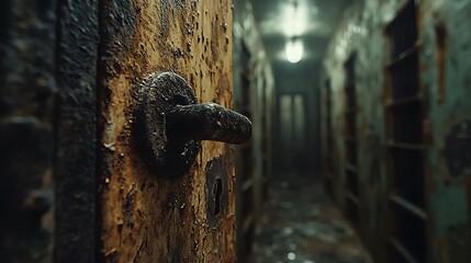 Abandoned Prison Cell Door with Grunge Texture, and Dark Corridor.