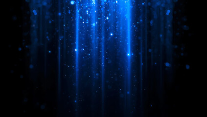 Abstract glowing blue light streaks and particles falling downwards against a dark background
