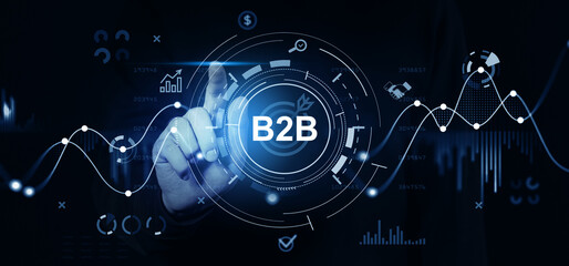 Fototapeta premium Business-to-business digital interface with data and analytics on dark background.