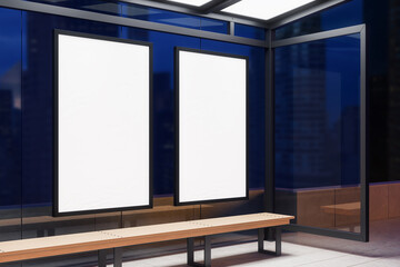 Double vertical blank billboard mockup at modern outdoor bus stop with bench at night in urban setting, ideal for advertising and branding concepts. 3D Rendering