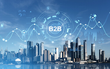 B2B digital infographic over Hudson Yards skyline in Manhattan, New York City.
