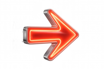 Metallic red neon arrow indicating direction, pointing right on transparent background, emphasizing key information