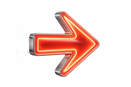 Metallic red neon arrow indicating direction, pointing right on transparent background, emphasizing key information