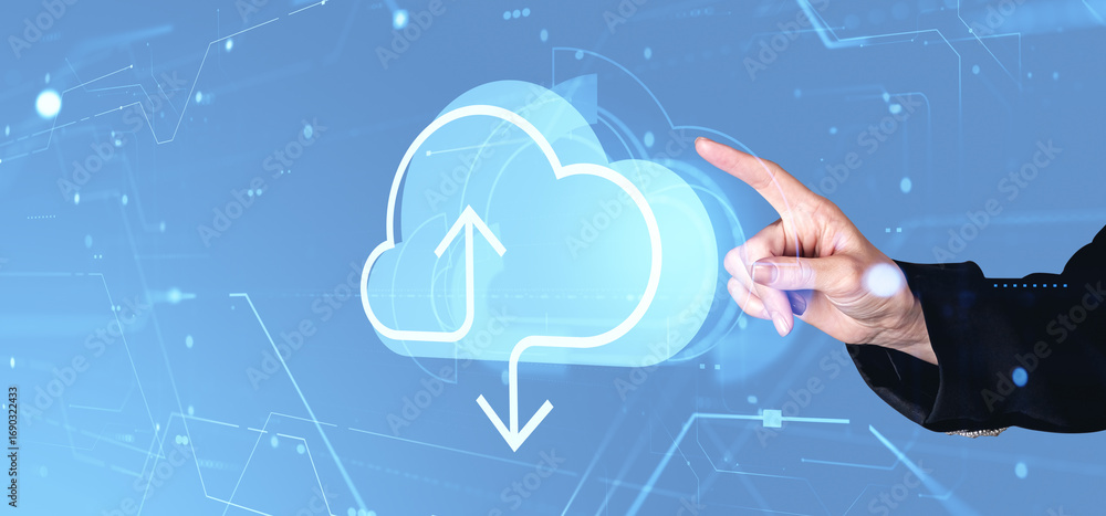 Poster hand interacts with cloud icon symbolizing data upload and download on futuristic digital interface 