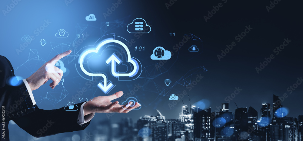 Poster cloud storage concept with digital data transfer icons and businessman interacting with futuristic i