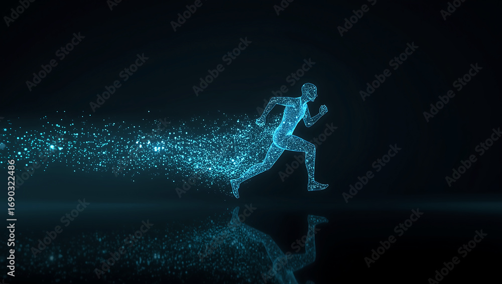 Poster dynamic digital athlete running with glowing blue particles trailing behind on a dark reflective sur