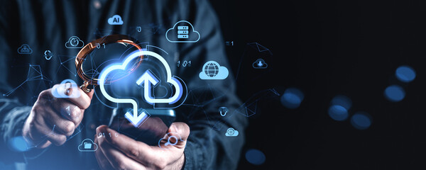 Man analyzing cloud storage concept on smartphone with magnifying glass and glowing online data...