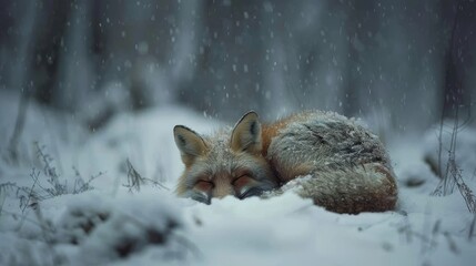 A cozy fox curled up in the soft, white snow, embracing the serene beauty of winter s chill