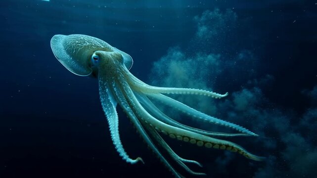 Giant octopus swimming gracefully through deep blue ocean water with flowing tentacles and ink clouds in cinematic underwater scene