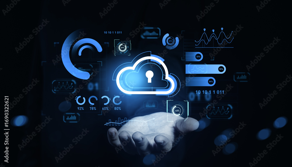 Poster cloud storage security interface floating above hand in digital style on dark background.