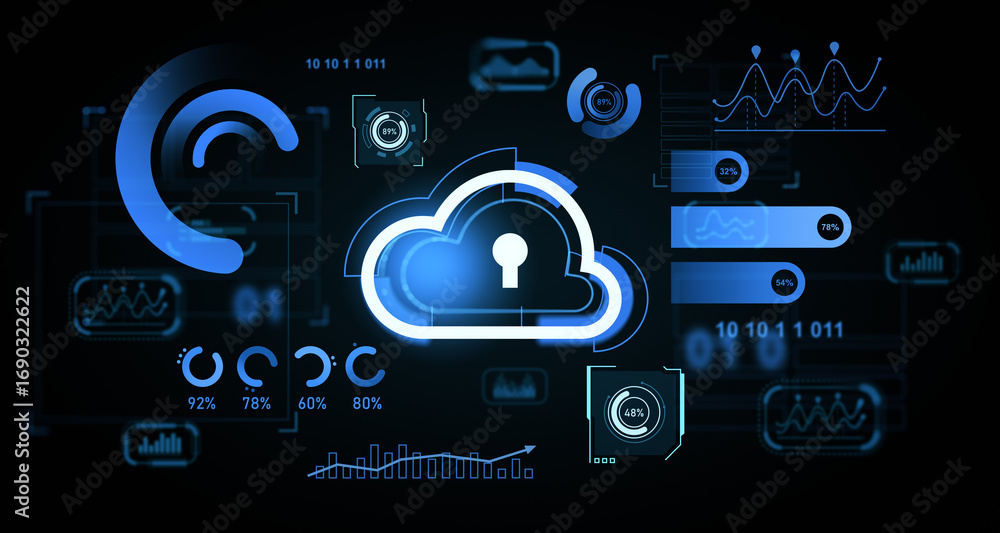 Poster futuristic cloud security interface with digital data analytics and locked cloud symbol concept on d