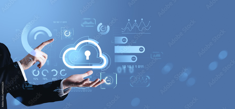 Poster businessman interacting with secure cloud storage interface on digital screen.