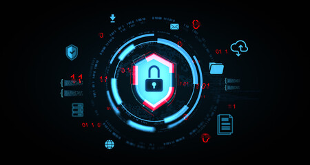 Cybersecurity concept with glowing padlock symbol and digital interface elements representing data protection and secure access control technology. 3D Rendering