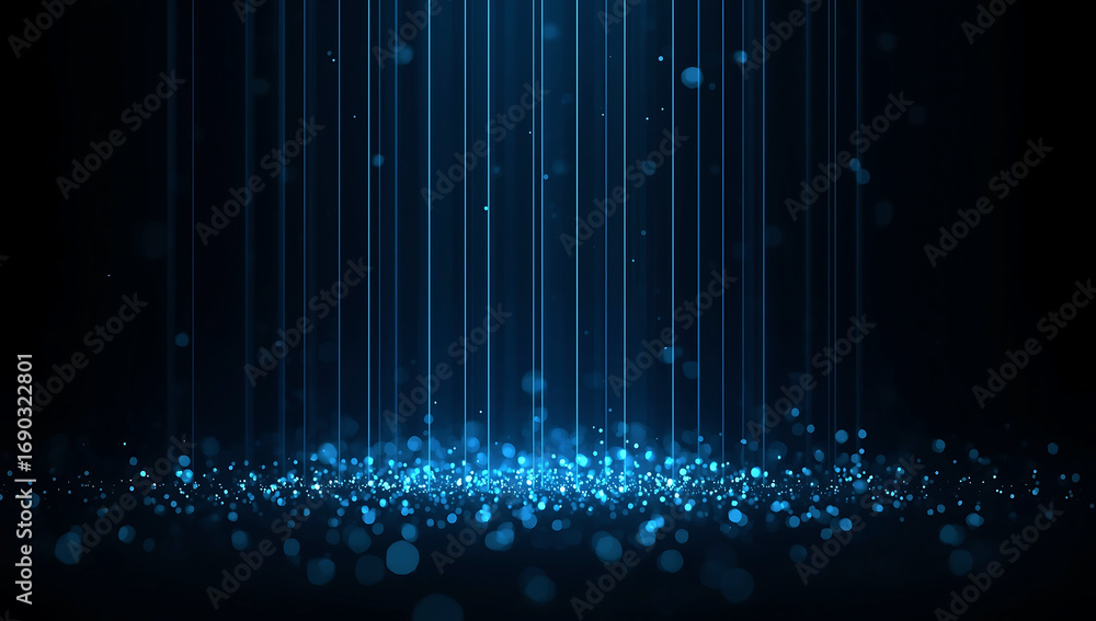 Poster abstract glowing blue light beams illuminating a dark background with floating particles and bokeh e
