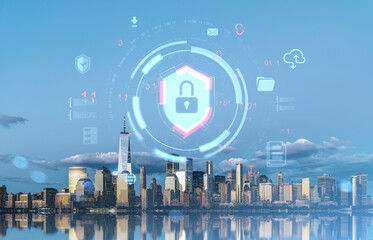 Cybersecurity concept overlaying downtown New York financial district skyline with lock icon and digital elements on blue sky background.