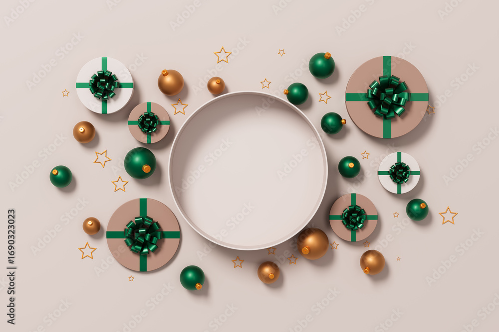 Poster creative concept of round christmas gift boxes with green bows and festive ornaments arranged on bei
