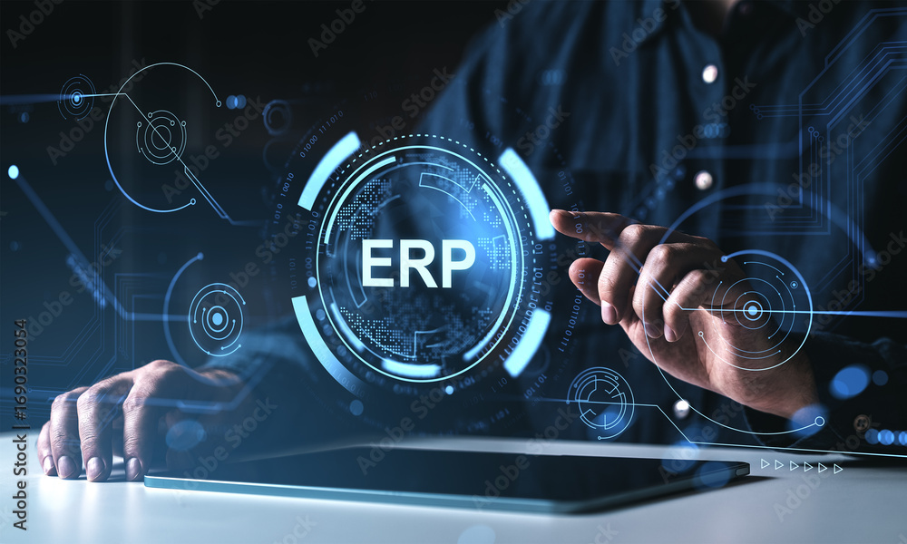Poster erp system interface concept with digital hud elements and user interacting via futuristic touchscre