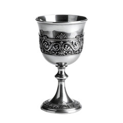 An intricately designed silver goblet with decorative engravings on a transparent background. Great for eerie Halloween posters and festive layouts.