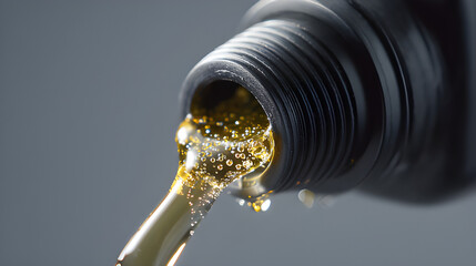 Synthetic engine oil. Engine oil drip bioethanol lubricants. Vehicle oil bottle spill. Engine compartment ppm mineral oil. Transmission fluid oil change, automobile pouring oi from a keg container. 