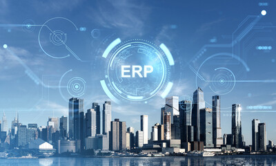 ERP system concept over Hudson Yards skyline in Manhattan, New York with futuristic digital interface elements and a clear blue sky background.
