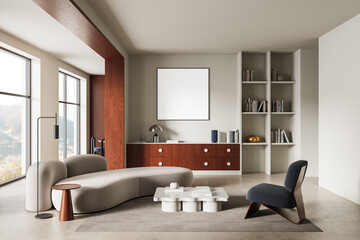 Modern minimalist living room with beige sofa, wooden accents, and square wall poster mockup on neutral wall for interior design presentation. 3D Rendering