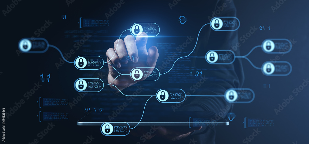 Poster cybersecurity blockchain network concept with digital padlocks and data connections on futuristic in