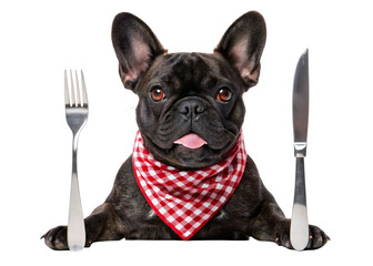 Hungry French bulldog dog with fork and knife wearing red bib isolated on white background