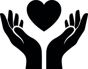 Silhouette of two open hands gently holding a black heart symbol above them vector