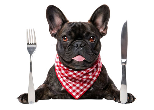 Hungry French bulldog dog with fork and knife wearing red bib isolated on white background