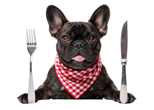 Hungry French bulldog dog with fork and knife wearing red bib isolated on white background