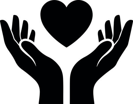Silhouette of two open hands gently holding a black heart symbol above them vector