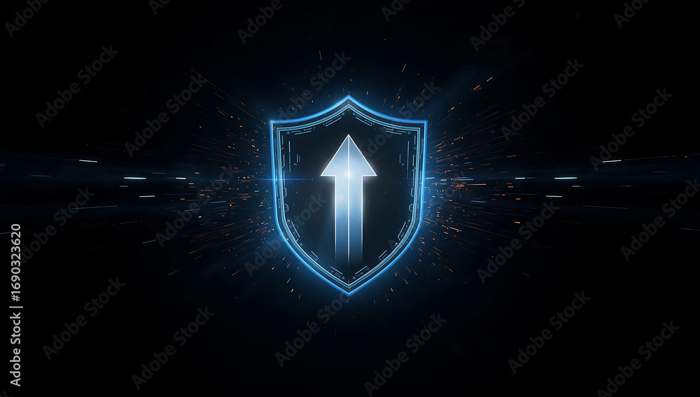 Poster digital shield with glowing arrow symbolizing cybersecurity protection and data security growth