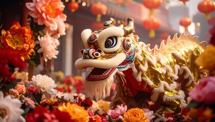 Vibrant Golden Dragon in Festive Floral Setting Celebrating Lunar New Year