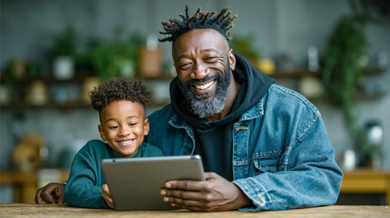 A man and a young boy sitting at a table looking at a tablet