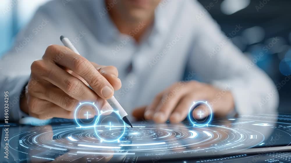 Aufkleber close-up shot of hands interacting with digital interface technology on tablet device