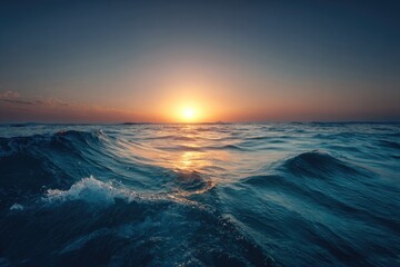 Obraz premium vast sweeping seascape with calm ocean waves, glowing horizon at dawn, bright airy atmosphere.