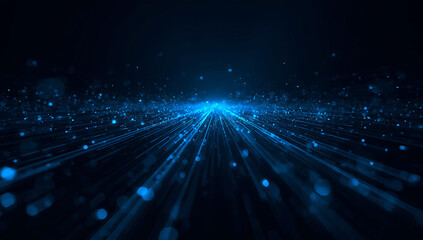 Abstract digital blue light streaks and particles creating a futuristic glowing network on a dark background