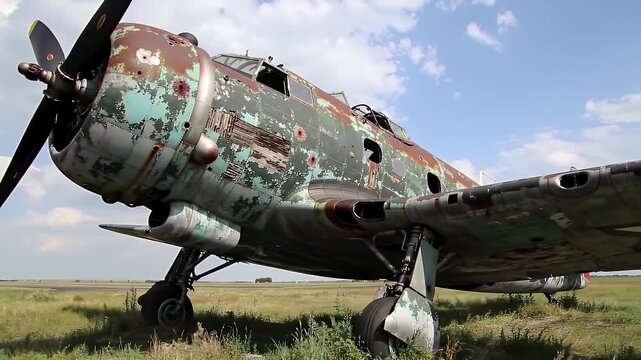 Vintage Aircraft on Grassy Field With Propeller Against a Blue Sky