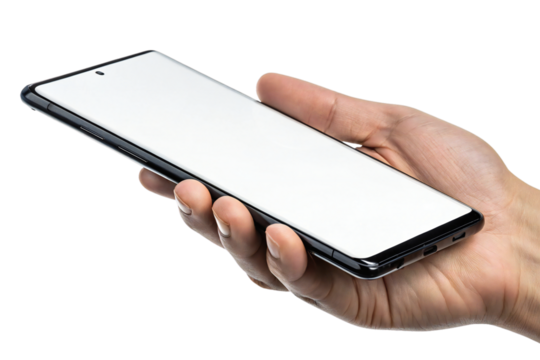 Hand holding modern smartphone with blank screen isolated on white background